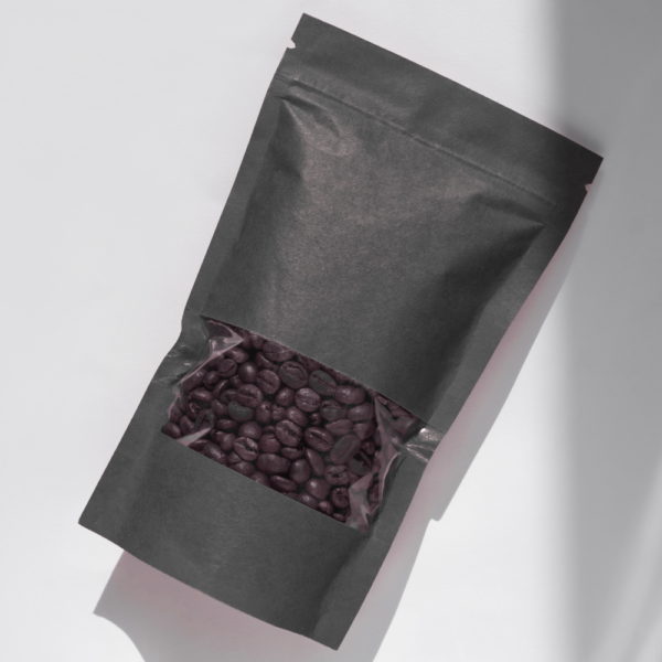 black bag of coffee beans