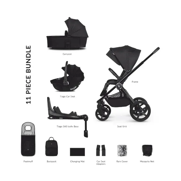 Venicci Upline 2 3-in-1 Pushchair with Tiago 360 Car Seat & Base, 11-Piece Bundle - All Black